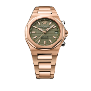 Reloj Laureato Gold 42 mm de Girard-Perregaux, caja y brazalete de oro rosa, esfera verde salvia con patrón "clous de paris", Ref: 81010-52-3333-1CM