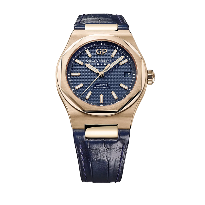Reloj Girard-Perregaux Laureato Gold 42 mm en EMWA, caja de Oro Rosa y correa en piel de aligátor azul. Ref: 81010-52-436-BB44
