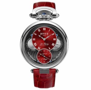 Descubra el reloj Fleurier 19th Red-Black Steel de Bovet en EMWA. Caja de Acero Inoxidable de 42 MM, Movimiento Manual. Ref: NTS0046-BFL