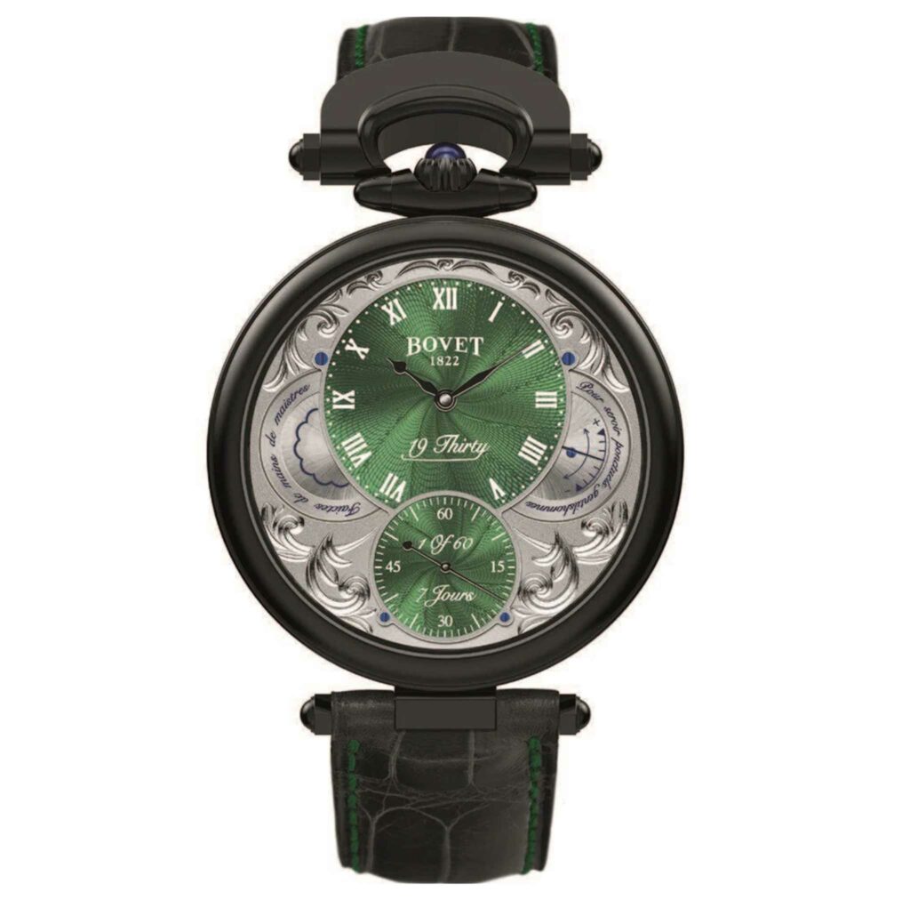 Descubra el reloj 19Thirty Fleurier Green-Grey Steel DLCde Bovet en EMWA. Caja de acero Inoxidable con recubrimiento DLC, Manual, 42 MM. Ref: NTSB0096-BFL