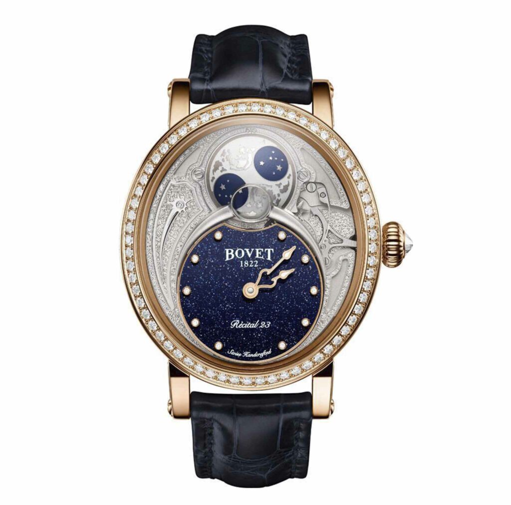 Descubra el reloj Dimier Récital 23 Blue Red Gold de Bovet en EMWA. Caja de oro rojo, Engastado con 72 diamantes redondos, Movimiento Automático, 43 MM. Ref: R230021-SD1