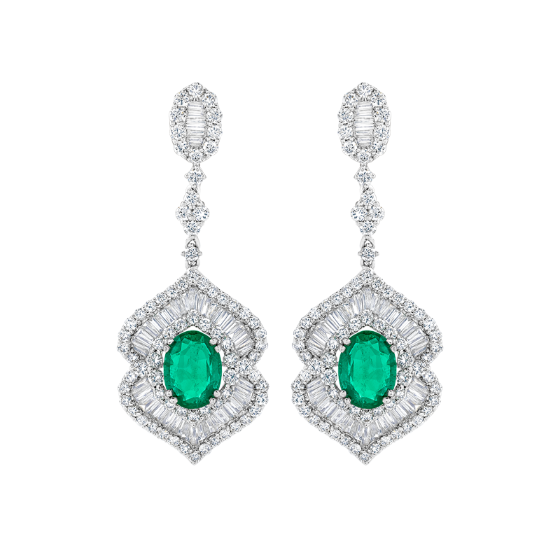 Aretes con esmeraldas y diamantes EMWA Joyas. Diamantes corte brillante y baguette Ref: EA17927