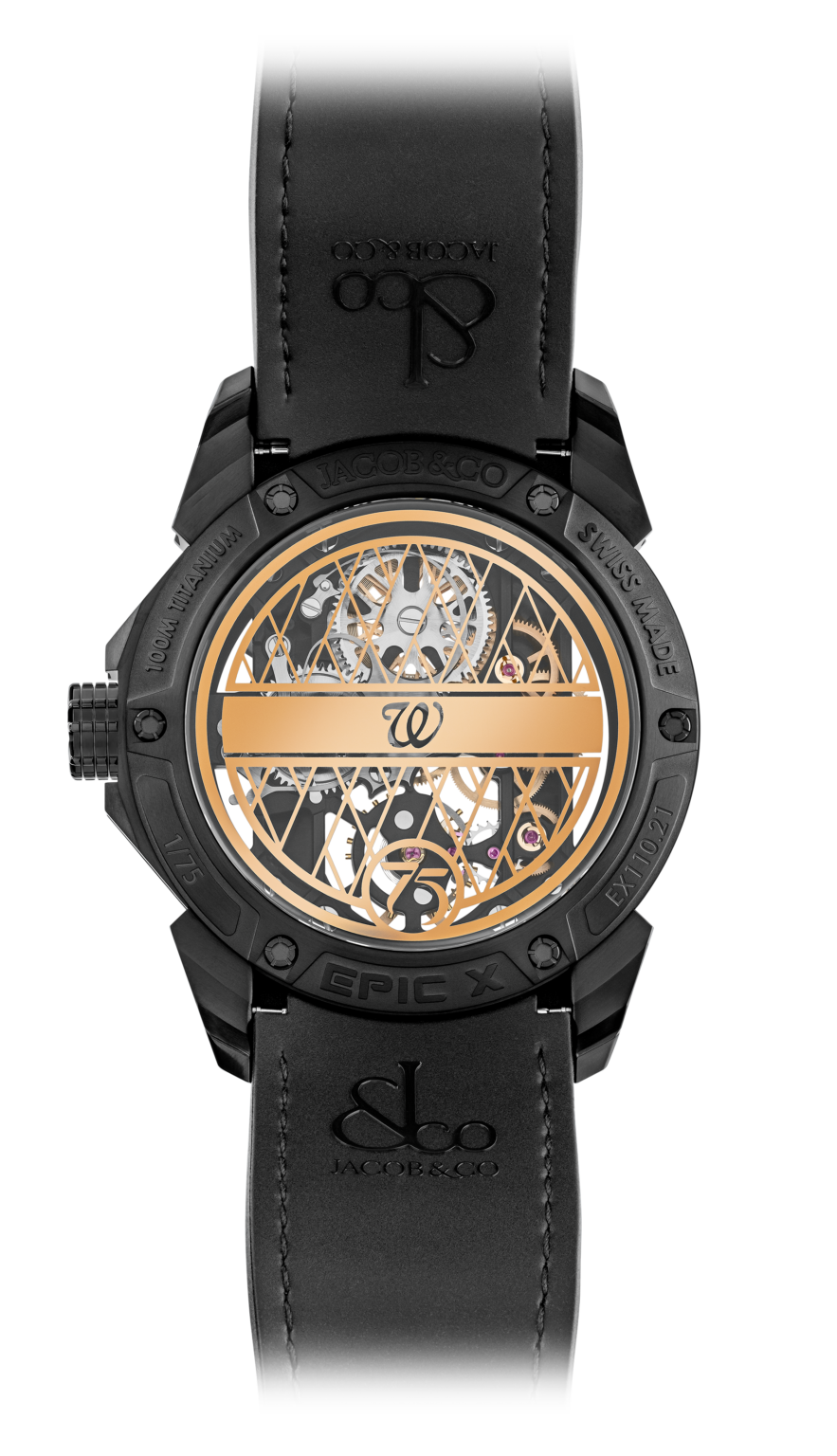 Reloj Jacob & Co. Epic X Skeleton 44MM EMWA Exclusive 75th Anniversary en EMWA. Titanio negro DLC, piel de aligator. Ref: EX110.21.AU.AA.ABARA