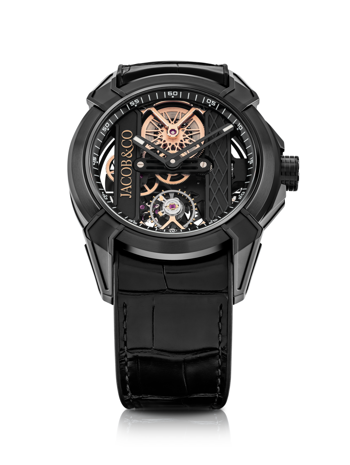 Reloj Jacob & Co. Epic X Skeleton 44MM EMWA Exclusive 75th Anniversary en EMWA. Titanio negro DLC, piel de aligator. Ref: EX110.21.AU.AA.ABARA