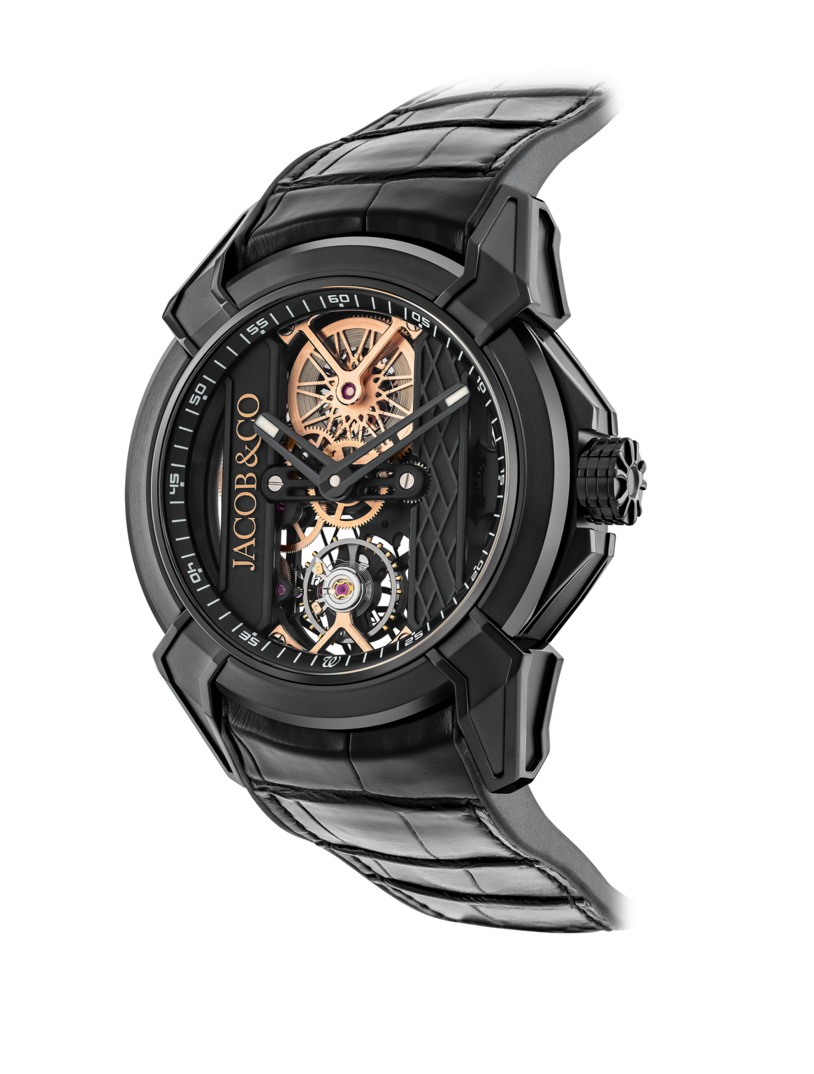 Reloj Jacob & Co. Epic X Skeleton 44MM EMWA Exclusive 75th Anniversary en EMWA. Titanio negro DLC, piel de aligator. Ref: EX110.21.AU.AA.ABARA