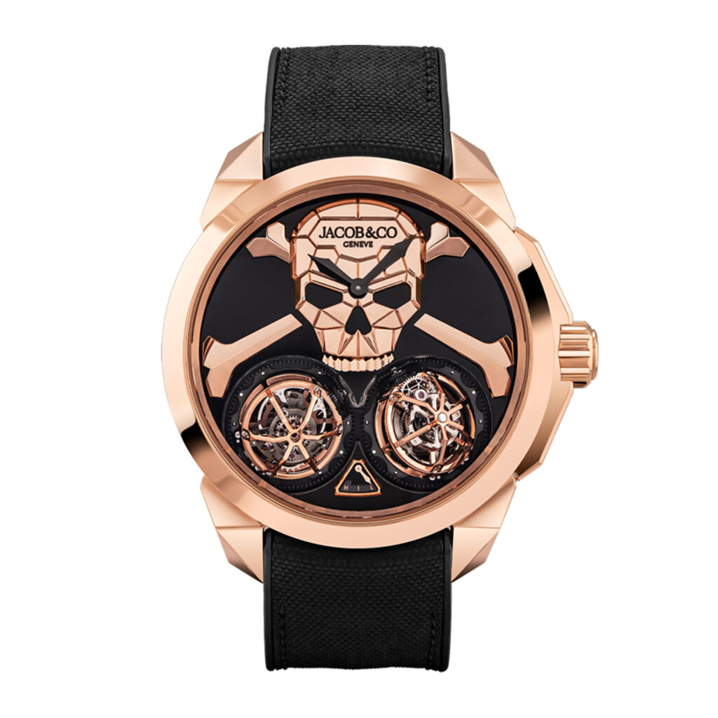 Reloj Jacob & Co Skull Double Tourbillon. Caja De Oro Rosa Con Ónix, 46Mm, Negro Y Dorado, Manual. Ref: Dc200.40.Aa.Aa. Abrua