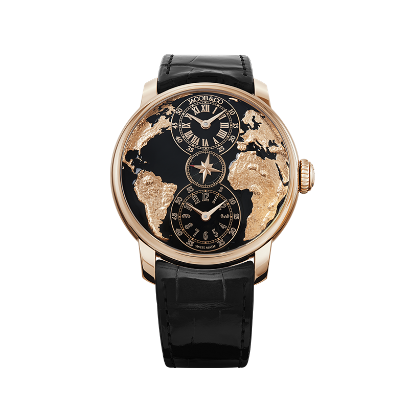 Reloj The World Is Yours Dual Time Black 43 mm de Jacob & Co en EMWA. Caja de oro rosa, movimiento JCAA11 automático. Cristal de Zafiro antirreflejante, brazalete de aligátor. Ref: DT100.40.AA.AA.ABALA