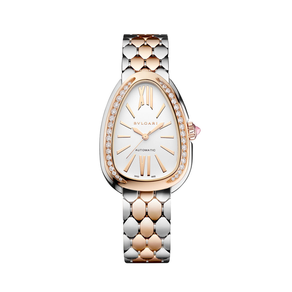 Reloj automático Serpenti Seduttori en oro rosa de 18 qt y acero inoxidable con bisel engastado con diamantes y esfera blanca opalescente. Hermético hasta 30 metros. Ref: 104058