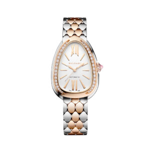 Reloj automático Serpenti Seduttori en oro rosa de 18 qt y acero inoxidable con bisel engastado con diamantes y esfera blanca opalescente. Hermético hasta 30 metros. Ref: 104058