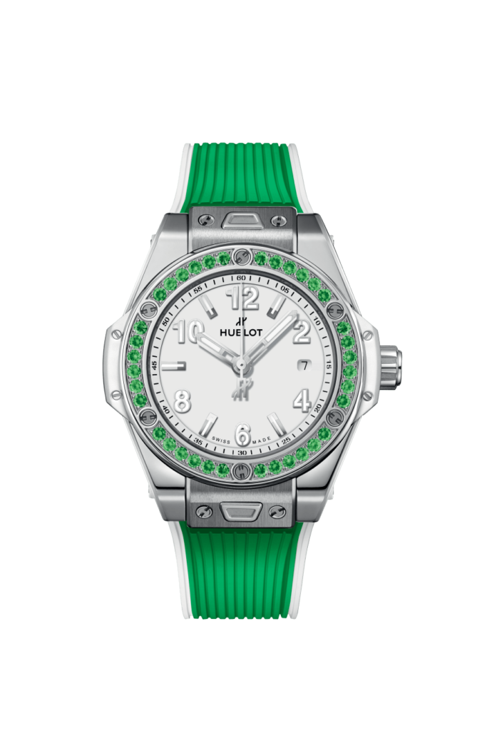Descubra el reloj Hublot Big Bang One Click Joyful Steel Apple Green 33mm en EMWA. Caja de acero inoxidable con tsavoritas, Movimiento Automático. Ref: 485.SG.2210.RX.1222