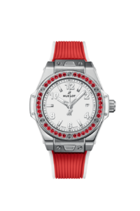 Descubra el reloj Hublot Big Bang One Click Joyful Steel Red 33mm en EMWA. Caja de acero inoxidable con espinelas rojas, Movimiento Automático. Ref: 485.SR.2210.RX.1213
