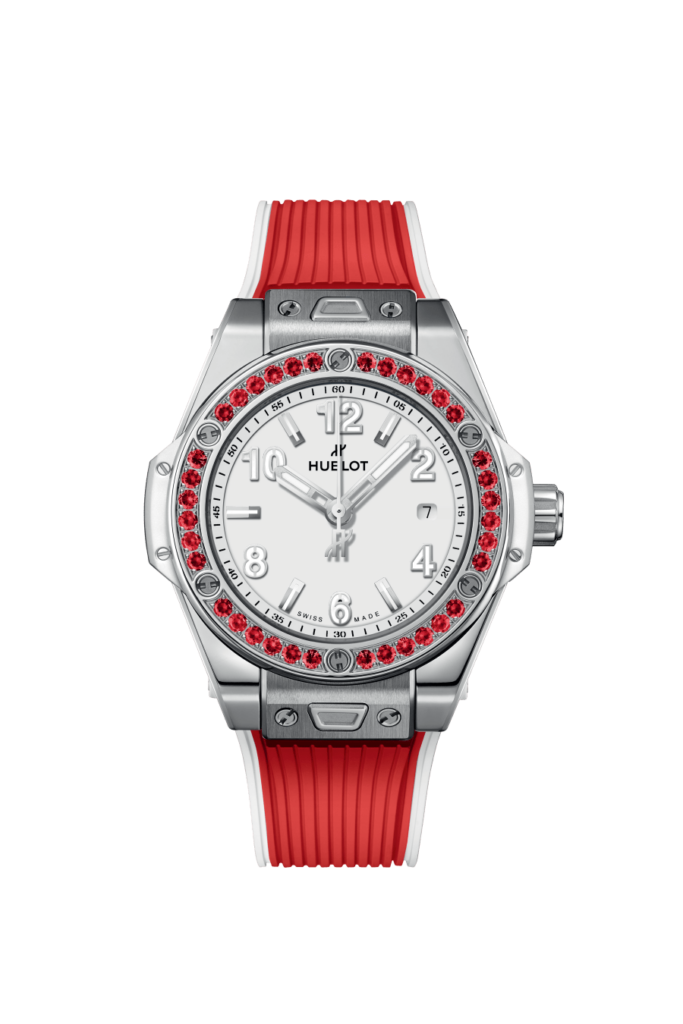 Descubra el reloj Hublot Big Bang One Click Joyful Steel Red 33mm en EMWA. Caja de acero inoxidable con espinelas rojas, Movimiento Automático. Ref: 485.SR.2210.RX.1213