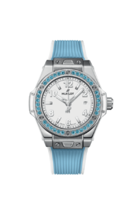 Descubra el reloj Hublot Big Bang One Click Joyful Steel Sky Blue 33mm en EMWA. Caja de acero inoxidable con topacios azules, Movimiento Automático. Ref: 485.SL.2210.RX.1207
