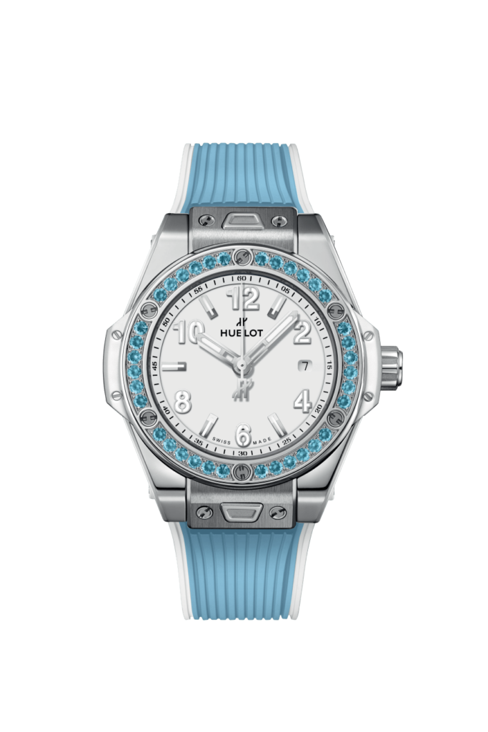 Descubra el reloj Hublot Big Bang One Click Joyful Steel Sky Blue 33mm en EMWA. Caja de acero inoxidable con topacios azules, Movimiento Automático. Ref: 485.SL.2210.RX.1207